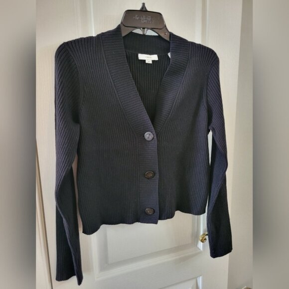 VINCE Wool Blend Ribbed Cropped V-Neck Cardigan Sweater Black Size Large - Picture 6 of 8